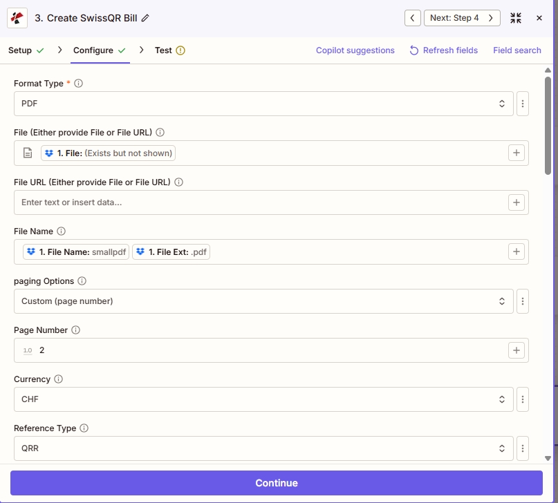 Clique para ampliar No Zapier, passo 3: Crie uma fatura SwissQR na aba Configurar: Tipo de formato: PDF, Arquivo mapeado de uma etapa anterior do Dropbox, Nome do arquivo: Nome do arquivo e extensão do arquivo, Opções de paginação: Personalizado (número da página) com número da página 2, Moeda: CHF, Tipo de referência: QRR